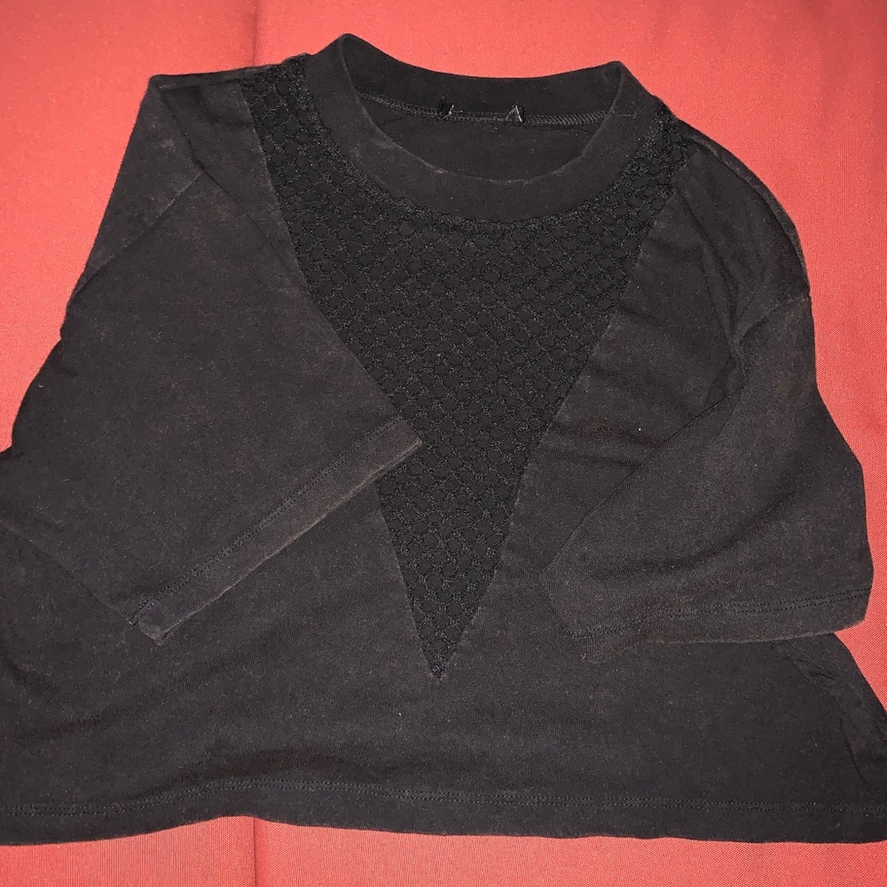 Black Crop T-Shirt With Netted V Neck